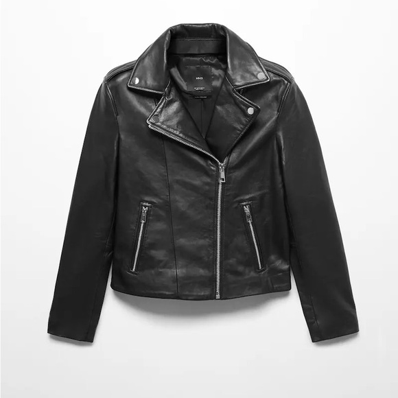 Black Leather Biker Jacket NWT - Mango - Picture 1 of 5